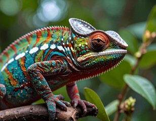 A colorful chameleon rests on a jungle branch