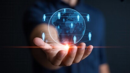 Global network of people connected across the world held in an open hand, symbolizing connection, collaboration, and unity.