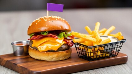 Juicy cheeseburger with crispy french fries and dipping sauce on a wooden board