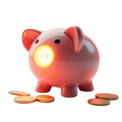 Vividly rendered 3D illustration of a cheerful pink piggy bank with an illuminated face, surrounded by scattered golden coins, all set against a stark, dark, and contrasting backdrop, perfect for...