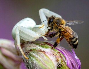 White Crab Spider Eating Honeybee on Flower.
