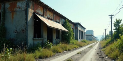 Obraz premium Overgrown Path Leading to Derelict Industrial Buildings
