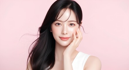 アジア人女性、黒髪、ピンク背景