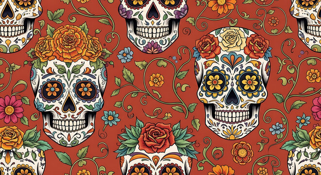 Seamless pattern of sugar skulls adorned with flowers and intricate designs, set against a terracotta background with floral vines.