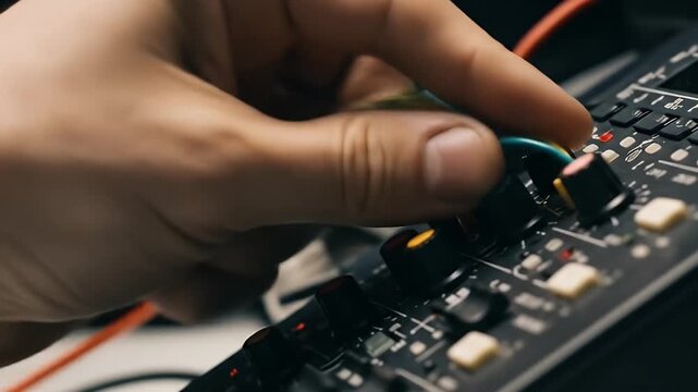 Close-up of a hand adjusting wires on a circuit board.