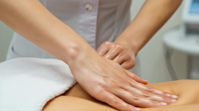 Close-up of a professional massage therapist performing a back massage on a client.