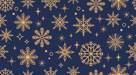 Gold Snowflakes Seamless Pattern on Navy Blue Background. Elegant Vector Seamless Background with Snow, Stars, and Frost