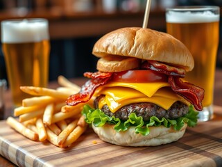 Juicy bacon cheeseburger with onion rings and french fries and beer