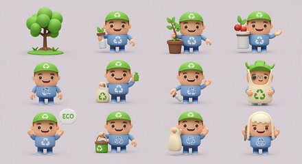 Environmental Cartoon Set: Recycling, Planting, and Eco-Friendly Actions