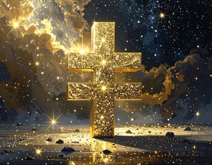 A glittering gold cross under a starry night sky