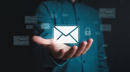Secure digital communication concept with glowing email icon and padlock on a man's open palm, representing data privacy and online safety in business.