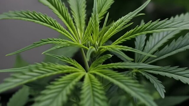 Close-Up of Vibrant Green Cannabis Plant Leaves in Natural Light.
