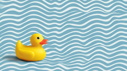 Playful yellow rubber duck toy floating on blue and white striped wave pattern background. Cheerful childhood simple concept with copy space