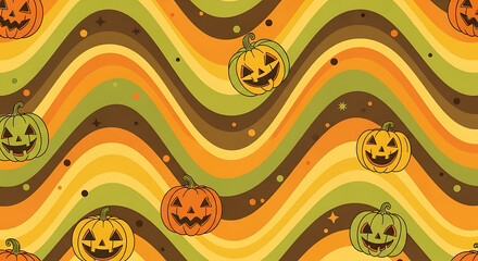 Spooky Halloween Pumpkins on a Retro Wavy Background, Perfect for Festive Designs