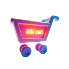 Glowing neon shopping cart illustration, depicting an 'add cart' message, against a black backdrop.