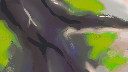 Abstract painting of a tree trunk and foliage, featuring a blend of muted and vibrant colors