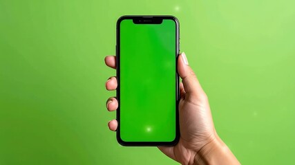 A woman's manicured hand holding a smartphone with a green chromakey screen against a green background - Powered by Adobe