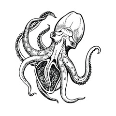 Anatomical Stipple Illustration of an Octopus with Cutaway of Inner Structure