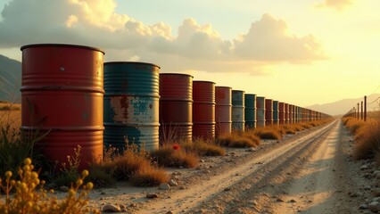 Obraz premium A row of weathered industrial drums lines a desolate dirt road, bathed in the warm glow of a setting sun, evoking a sense of quiet solitude and industrial past