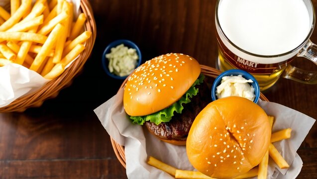 Delicious cheeseburger and french fries with a cold beer - Powered by Adobe