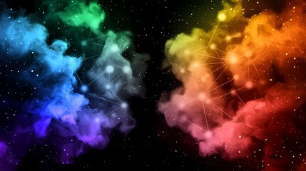 The image displays a vibrant and cosmic scene with nebulous clouds in rainbow hues set against a dark background sprinkled with stars and geometric lines.