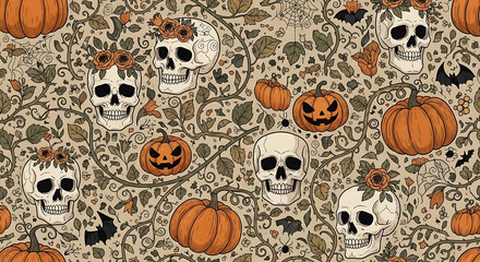 Spooky Halloween Pattern with Skulls, Pumpkins, and Bats on a Botanical Background