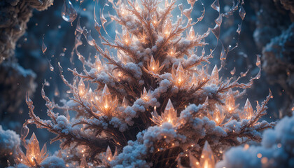 Obraz premium Magical christmas tree with glowing lights and icy crystals in winter wonderland