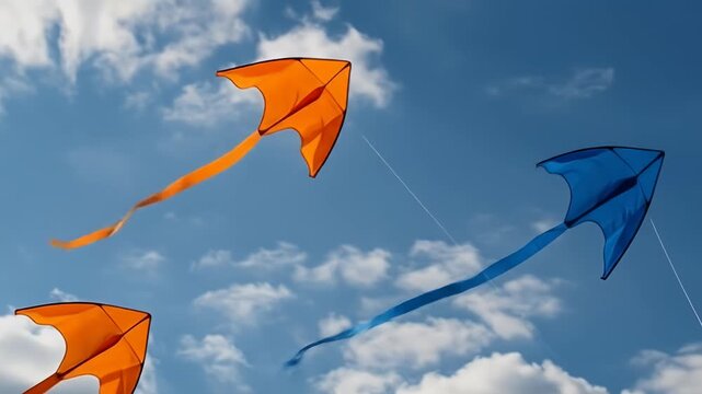 Colorful kites flying high in the blue sky with clouds.