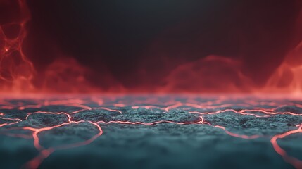 The image portrays a dark, ominous landscape with glowing red cracks slicing through the surface, reminiscent of lava flows or a volcanic terrain under a foreboding sky.