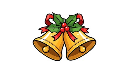 Two golden christmas bells with red ribbon and holly berries on a white isolated background image