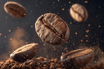 Hyper-Detailed Macro Shot of Flying Roasted Coffee Beans with Powder Dust - Dark Background