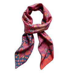 A vibrantly colored silk scarf with an intricate paisley pattern displays its elegant folds and graceful drapes against a deep black background, showcasing the interplay of hues and the luxurious...