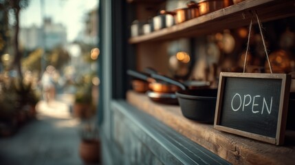 A cozy storefront with a small chalkboard sign reading "OPEN," showcasing an inviting atmosphere on a blurred city street.