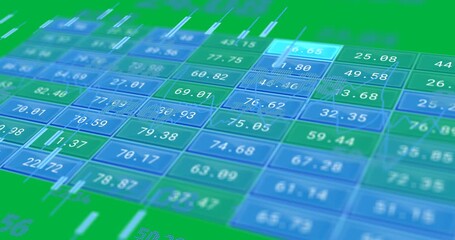 Animation of blue table with stock market and data processing over transparent background - Powered by Adobe