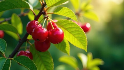 Close-up view of vibrant red cherries hanging from a branch, surrounded by lush green foliage, bathed in sunlight