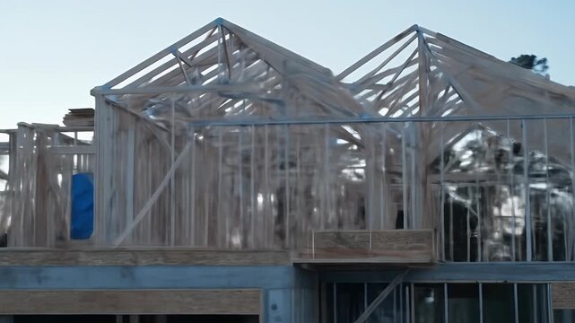Construction of a new house framing in progress with wooden beams and structure.