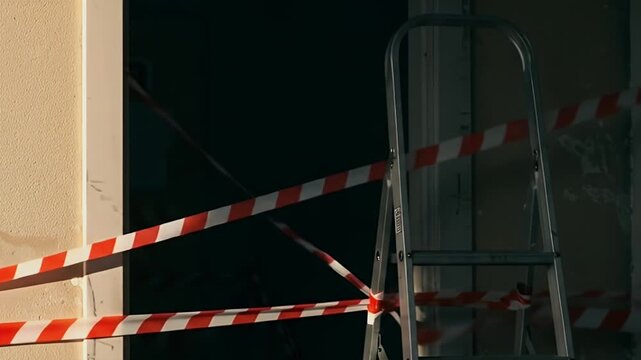 Construction site with caution tape and ladder blocking entrance.