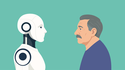 Elderly man facing humanoid robot, symbolizing technology and aging, artificial intelligence, human and machine relationship, future healthcare, modern society concept. Flat vector illustration