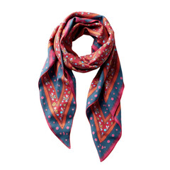 Colorful silk scarf with a floral pattern, draped elegantly against a stark black background, showcasing rich red, teal, orange, and pink hues, highlighting the intricate design and texture of the...