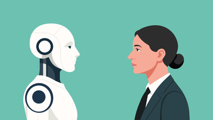 Businesswoman facing humanoid robot, symbol of technology and future work, human and machine relationship, innovation and modern society concept. Flat vector illustration