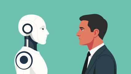 Businessman facing humanoid robot, symbol of technology and future work, human and machine relationship, innovation and modern society concept. Flat vector illustration