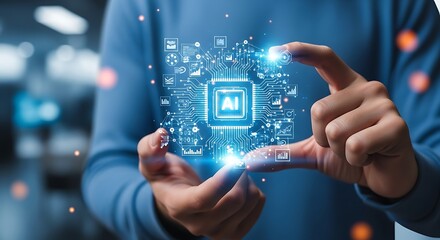 Person holding a glowing ai chip with digital circuits and connections