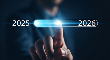 Fingertip touching a progress bar moving from 2025 to 2026