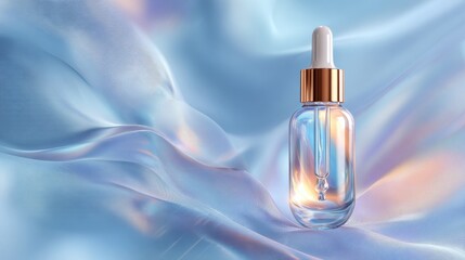 Glowing Essence Dropper Bottle on Smooth Blue Silk Background
