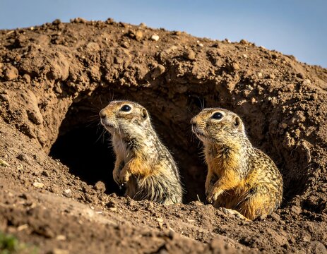 Two ground squirrels peek from a burrow - Powered by Adobe