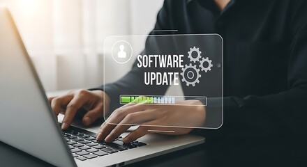 Person updating software on laptop with progress bar and gears icon