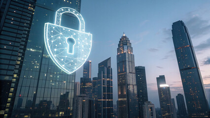 Glowing digital lock and shield hover above futuristic cityscape, symbolizing cybersecurity and protection in modern urban environment