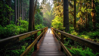 Obraz premium Sunlit Boardwalk Path Through Lush Green Forest Canopy at Dawn
