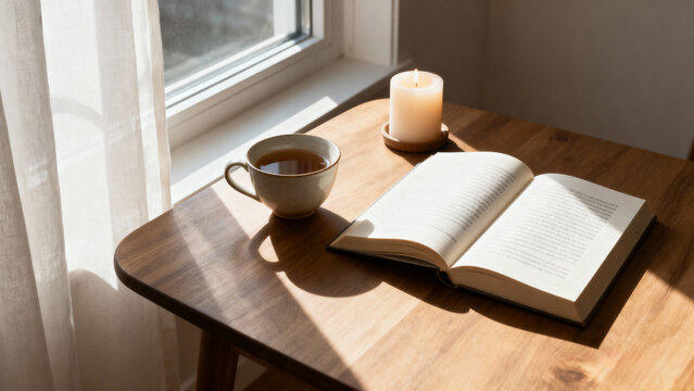 Minimalist composition of teacup, book and candle on wooden table near window with soft natural light, calm and peaceful atmosphere, reading, relaxation, self improvement, mindfulness concept