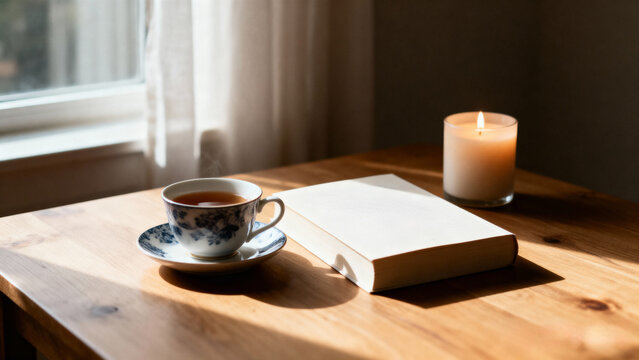 Minimalist composition of teacup, book and candle on wooden table near window with soft natural light, calm and peaceful atmosphere, reading, relaxation, self improvement, mindfulness concept